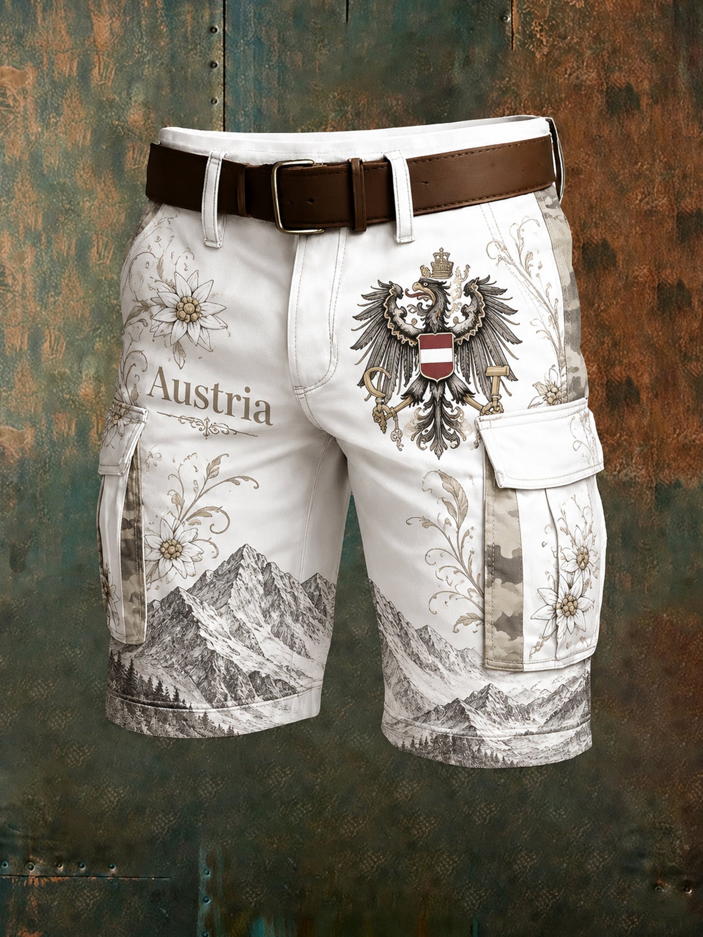 Herren-Shorts mit österreichischem Camouflage-Muster und künstlerischem Print