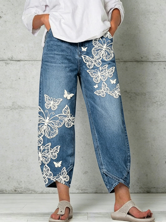 Damen-Hose mit Tier- und Schmetterlings-Art-Print