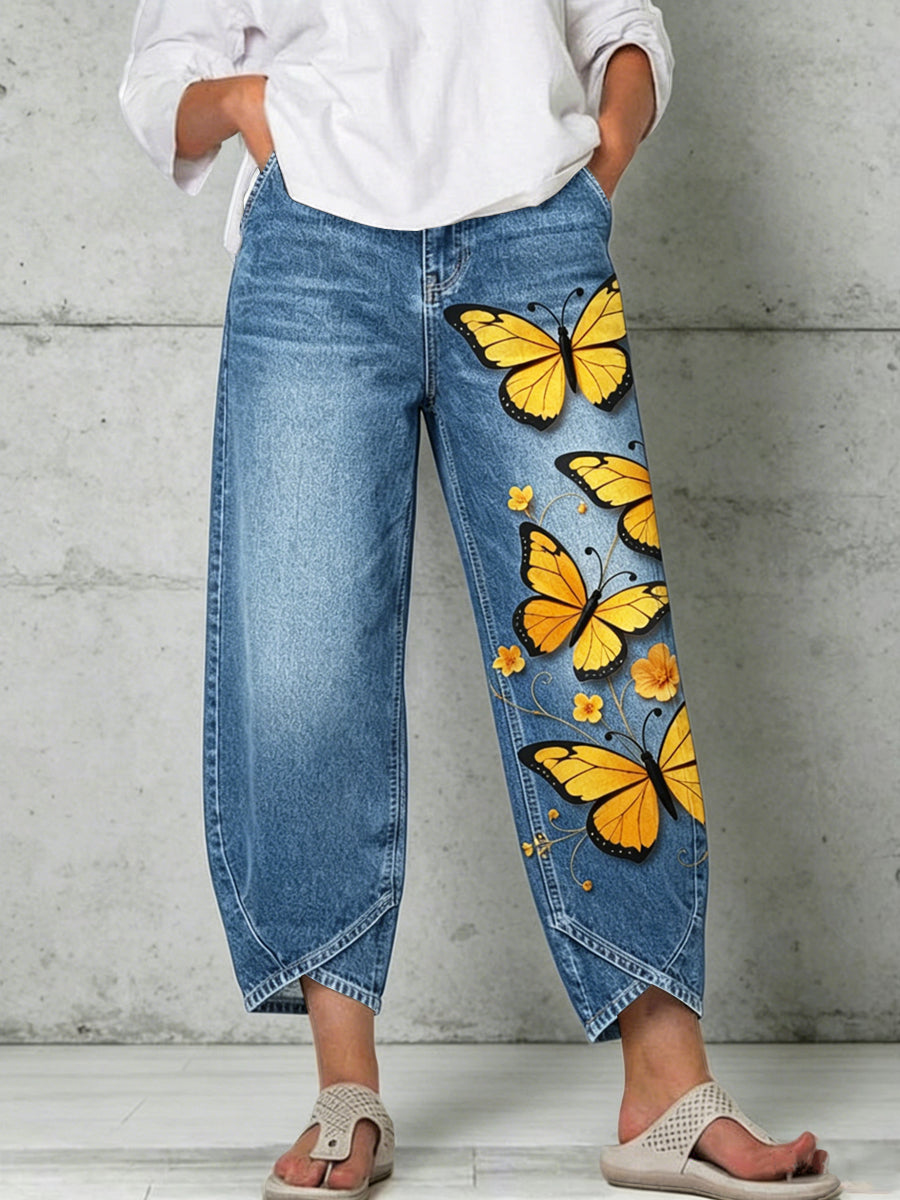 Damen-Hose mit Tier- und Schmetterlings-Art-Print
