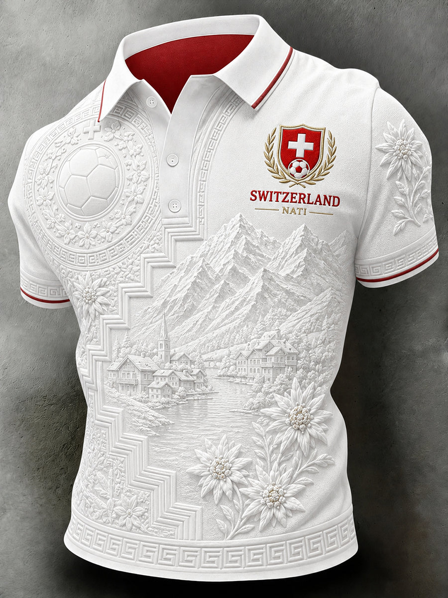 Retro-Schweizer Fußball-Fan‑Art‑Print lässiges Poloshirt