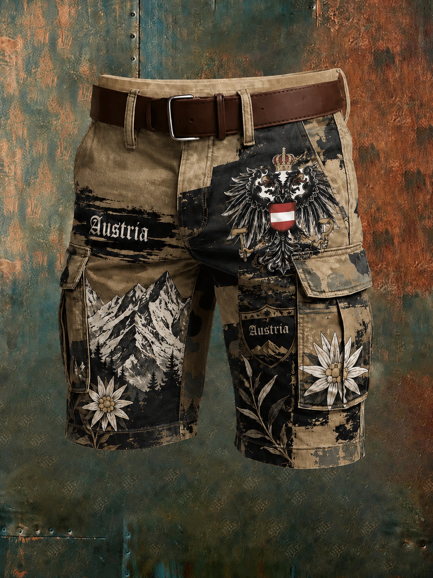 Herren-Shorts mit österreichischem Camouflage-Muster und künstlerischem Print