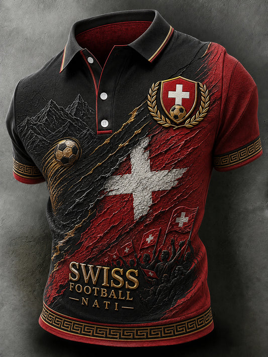 Retro-Schweizer Fußball-Fan‑Art‑Print lässiges Poloshirt