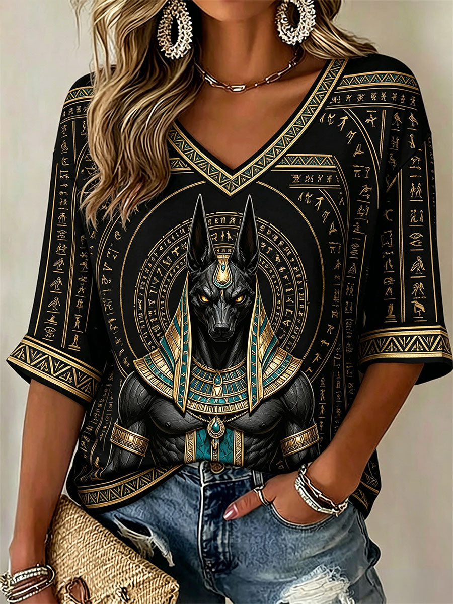 Frauen alt ägyptische Anubis V-Ausschnitt T-Shirts