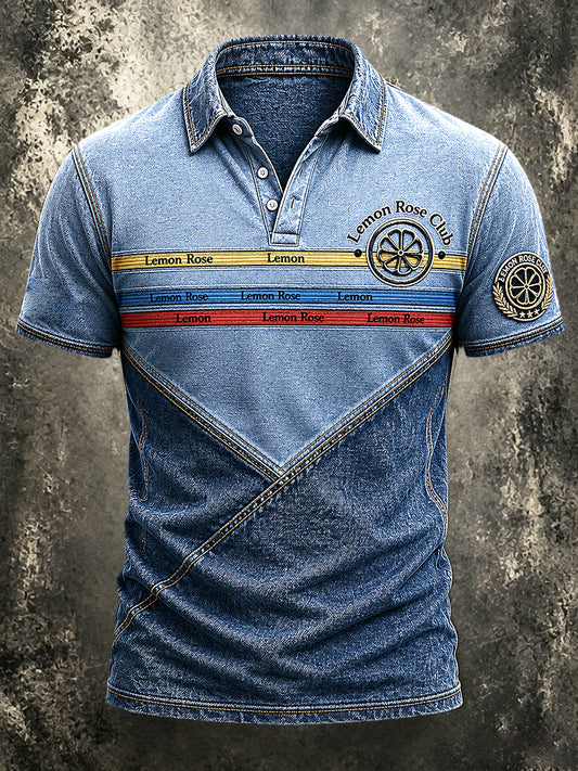 Herren The Stone Rose Denim-Effekt Patchwork Print Casual Polo Shirt