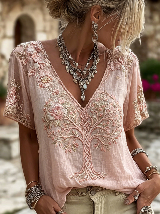 Damen-Vintage-T-Shirt aus Leinen mit Lebensbaum- und Blumenmuster sowie kurzen Ärmeln