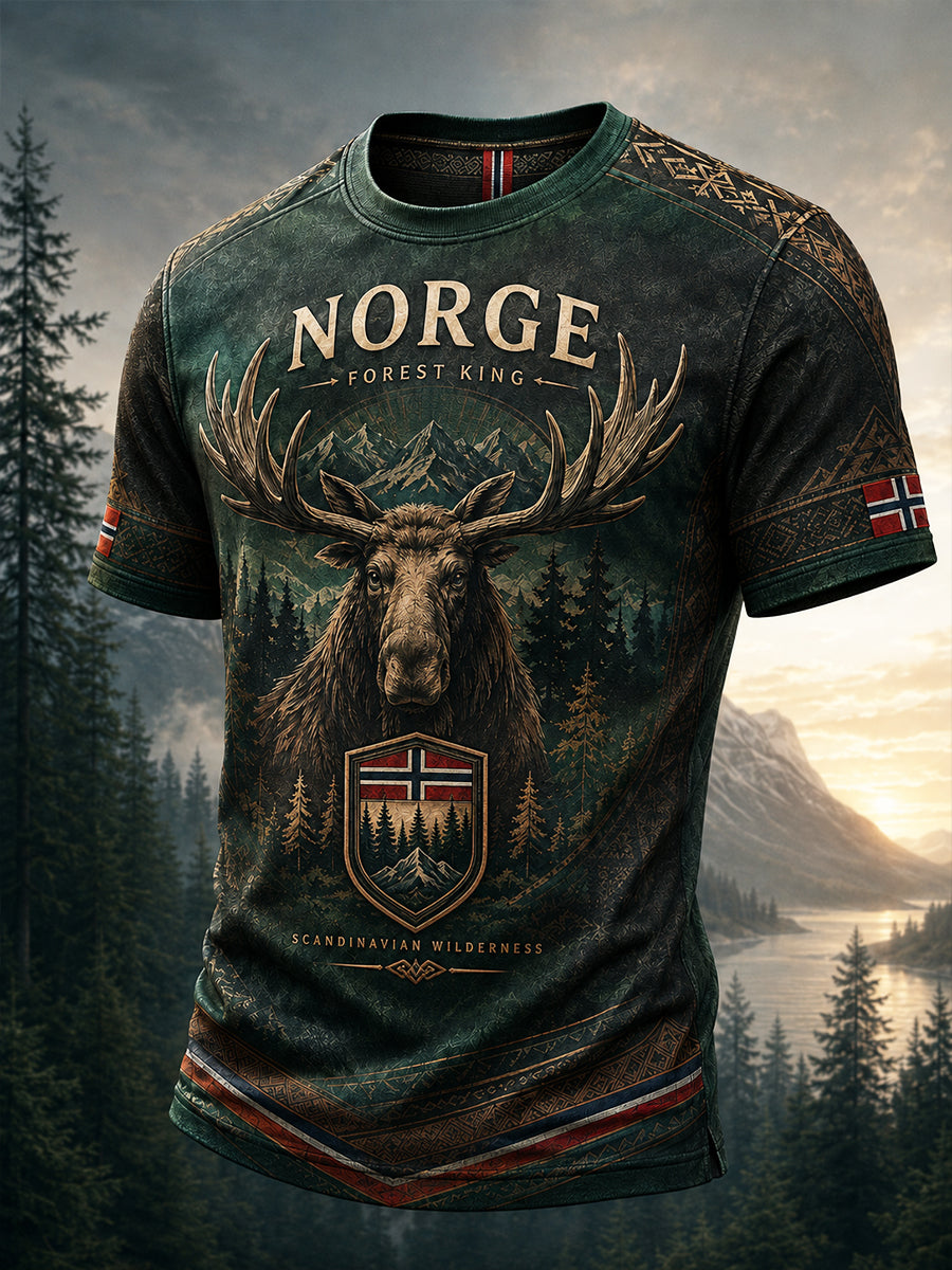 Herren-Retro-T-Shirt im nordischen Stil mit norwegischem Kunstdruck, lässig geschnitten