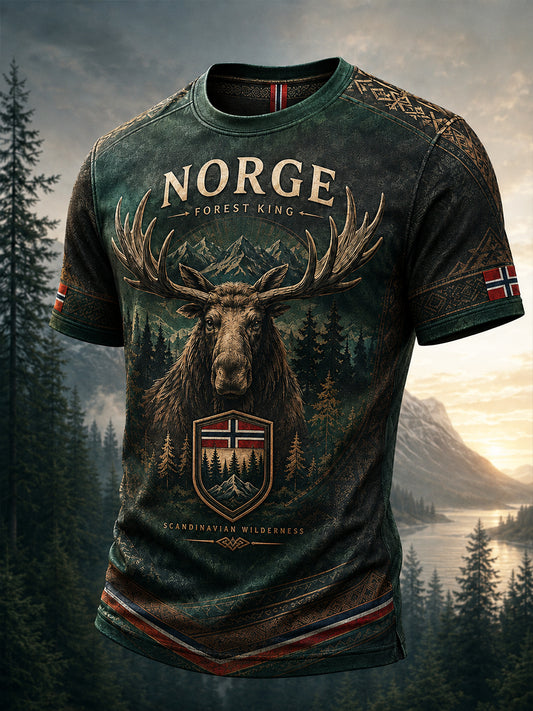 Herren-Retro-T-Shirt im nordischen Stil mit norwegischem Kunstdruck, lässig geschnitten