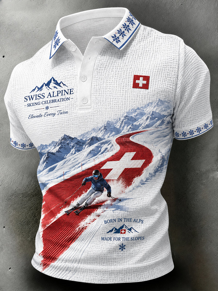 Herren-T-Shirt mit Skimotiv-Druck und Waffelstruktur, kurzärmelig