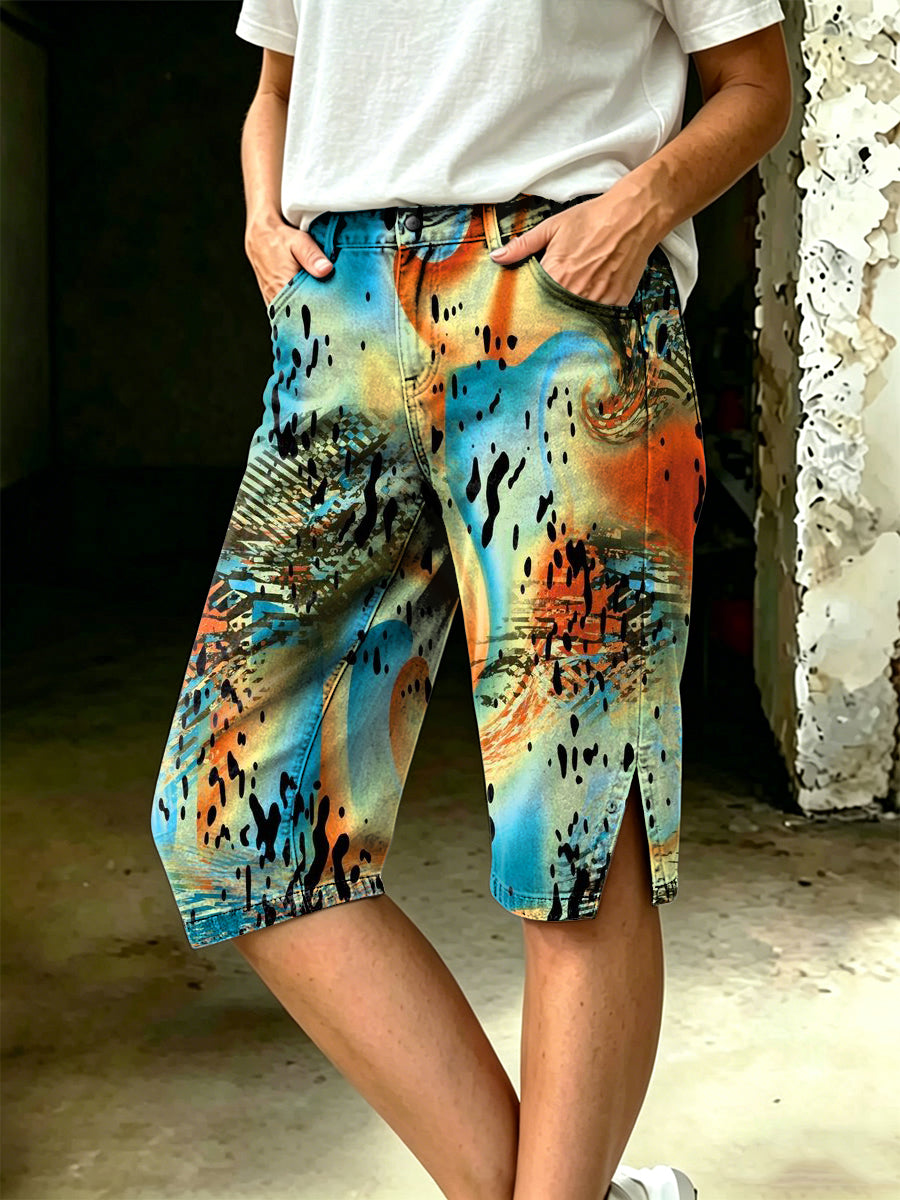 Damen-Midihose mit floralem Kunstdruck