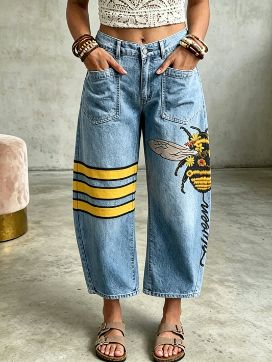 Damenhose mit Tier- und Bienenkunstdruck und Eingrifftaschen