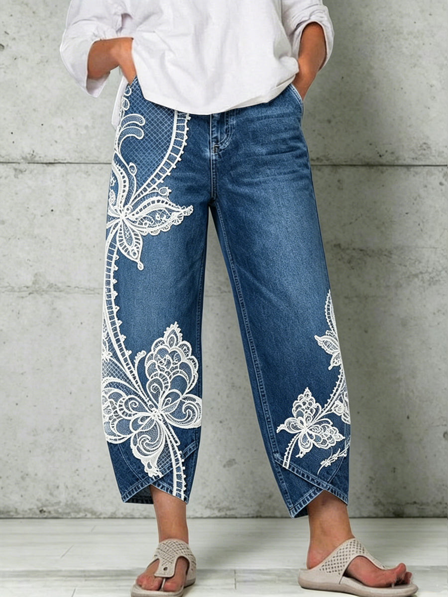 Damen-Hose mit Tier- und Schmetterlings-Art-Print
