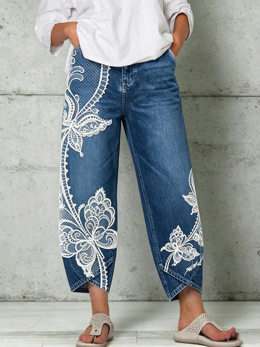 Damen-Hose mit Tier- und Schmetterlings-Art-Print