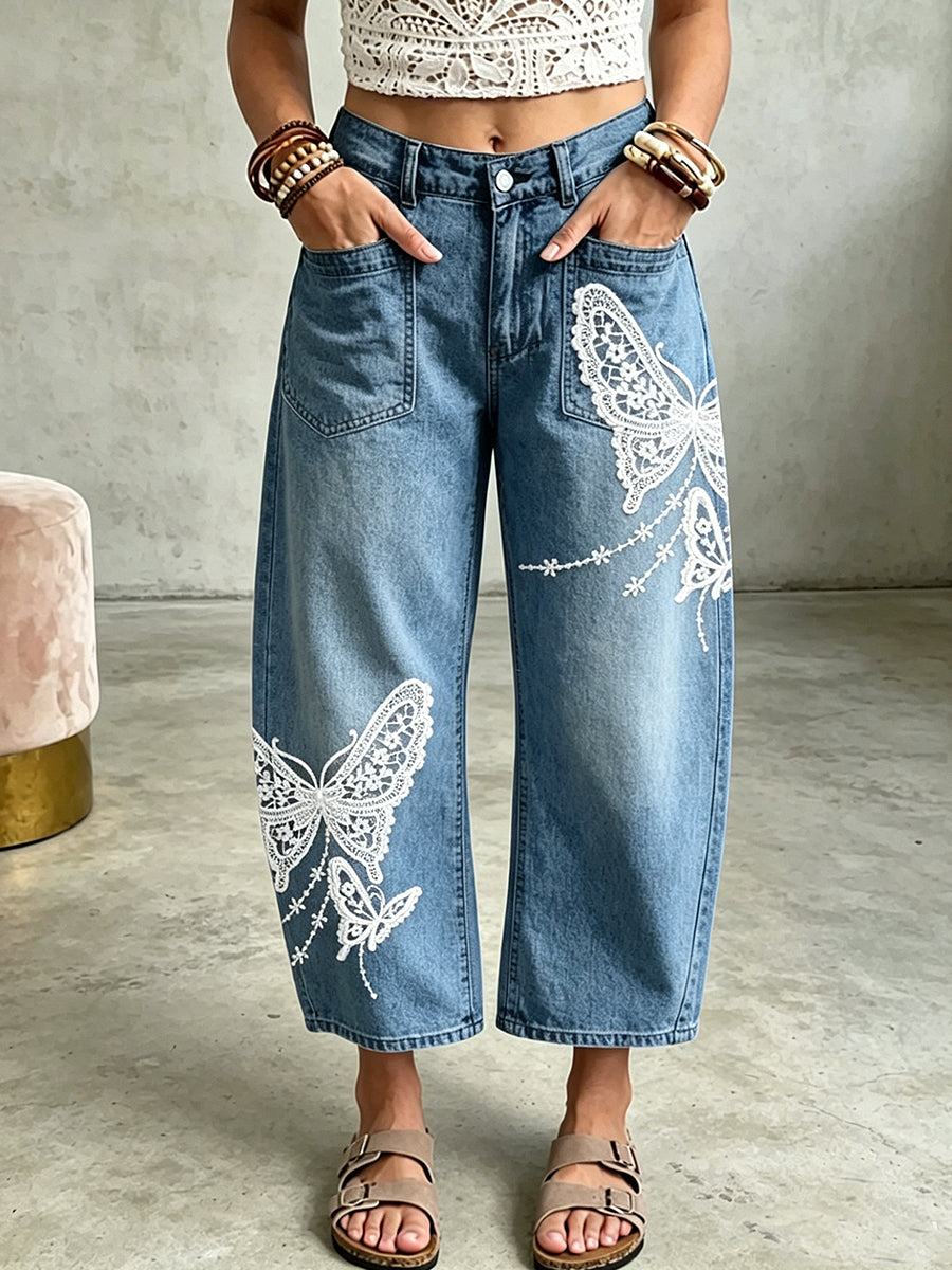 Damenhose mit Tier- und Schmetterlings-Print und Taschen