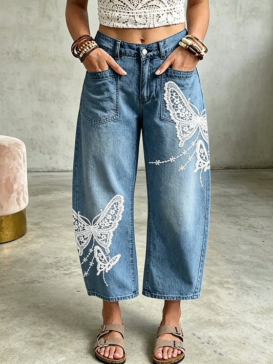 Damenhose mit Tier- und Schmetterlings-Print und Taschen