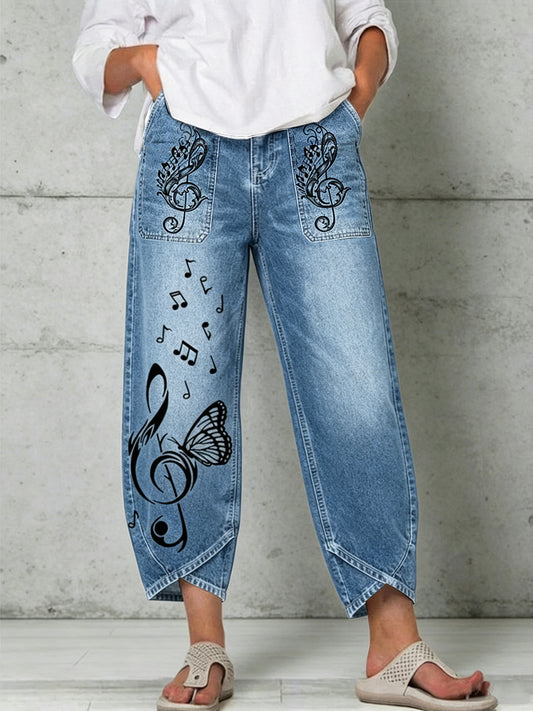 Damen-Hose mit Tier- und Schmetterlings-Art-Print