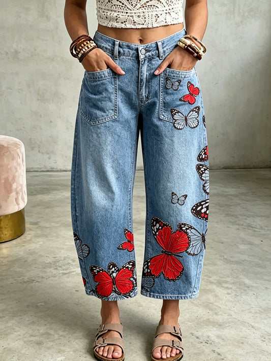 Damenhose mit Tier- und Schmetterlings-Print und Taschen