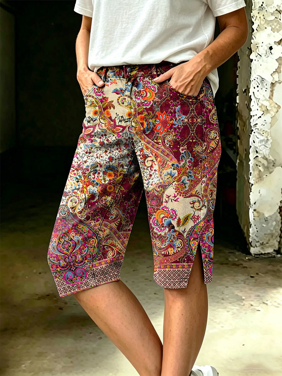 Damen-Hosen mit Blumen kunst druck in der Mitte