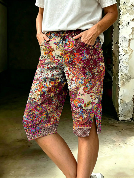 Damen-Hosen mit Blumen kunst druck in der Mitte