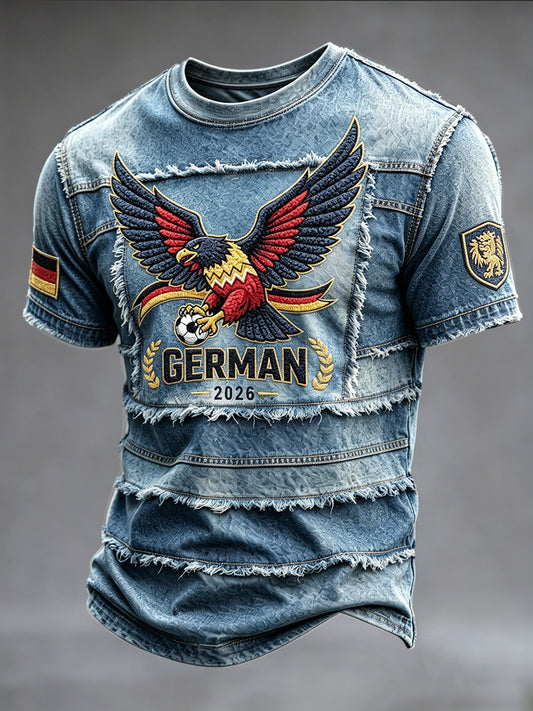 Herren-T-Shirt im Patchwork-Design mit deutschen Fußball-Eagles und Cowboys