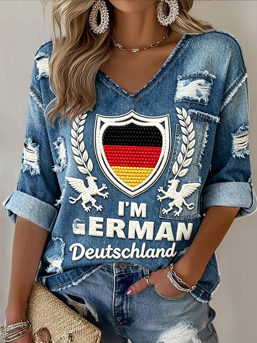 Damen-Deutschland-Denim-Lässiges T-Shirt mit Used-Optik und V-Ausschnitt