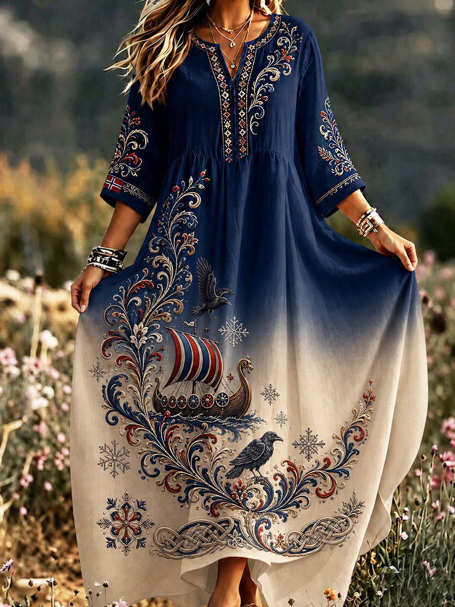 Damenkleid im Retro-Stil nach skandinavischer Art aus Baumwolle und Leinen mit norwegischem Kunstdruck