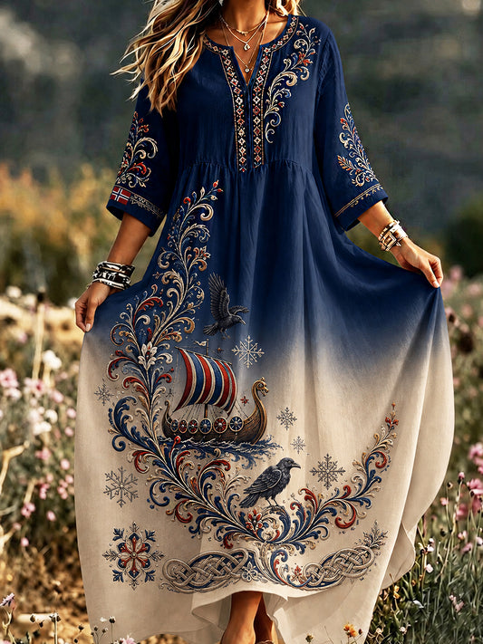 Damenkleid im Retro-Stil nach skandinavischer Art aus Baumwolle und Leinen mit norwegischem Kunstdruck