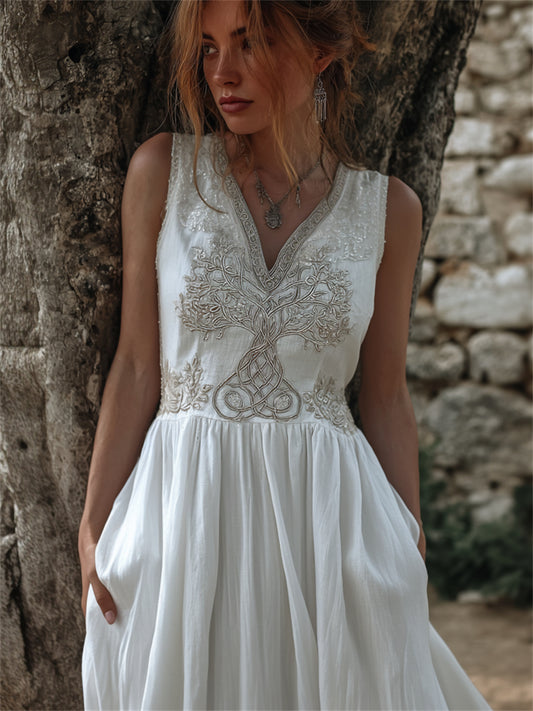 Damen-Vintage-Wikinger-Lebensbaum-Keltisches-Knotenmuster-Plissee-Maxikleid