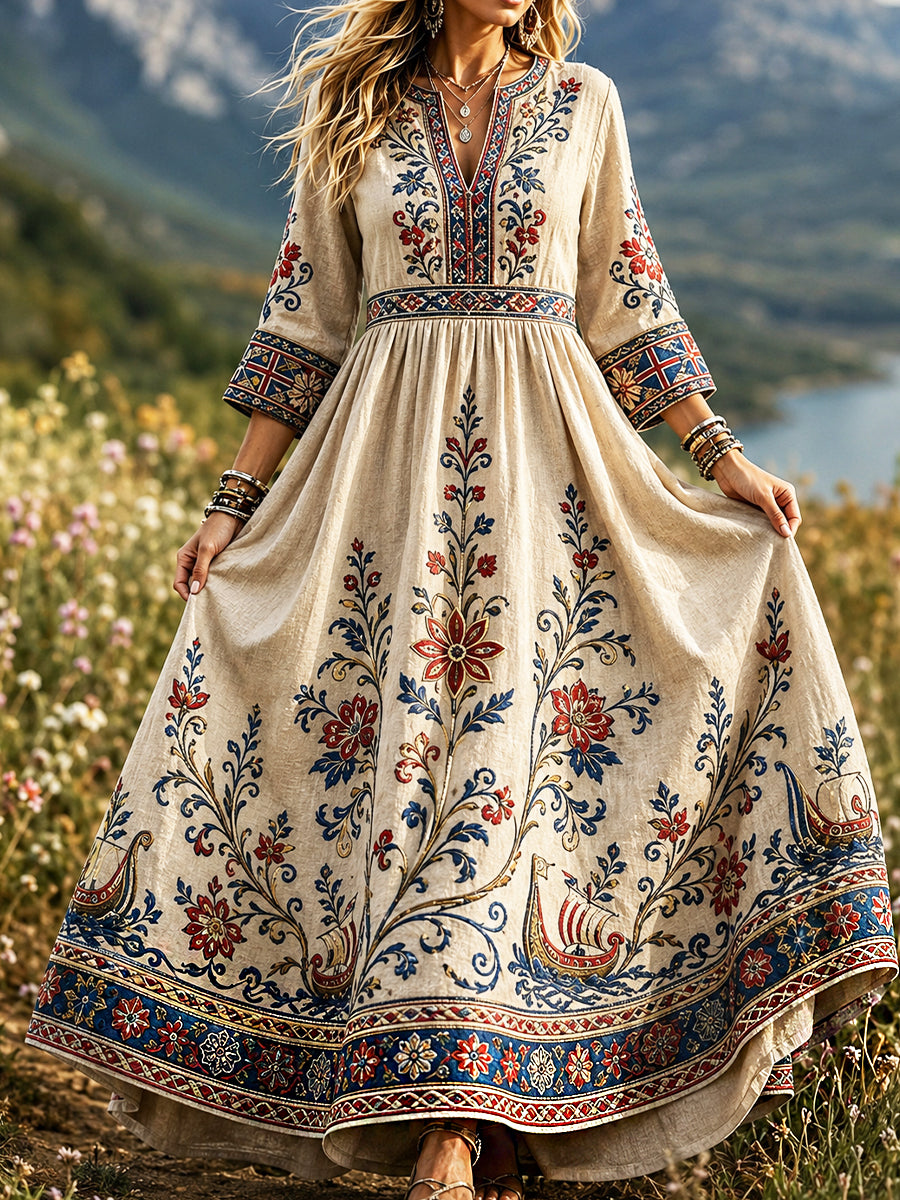 Damenkleid im Retro-Stil nach skandinavischer Art aus Baumwolle und Leinen mit norwegischem Kunstdruck