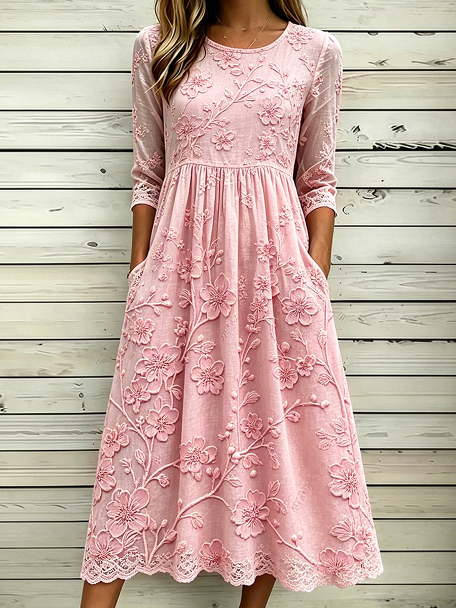 Damenkleid aus Baumwollleinen mit edlem Kirschblüten-Artprint