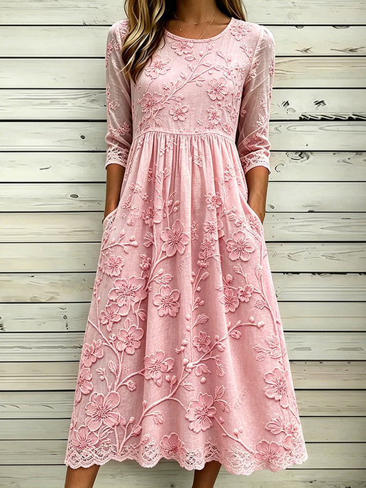Damenkleid aus Baumwollleinen mit edlem Kirschblüten-Artprint