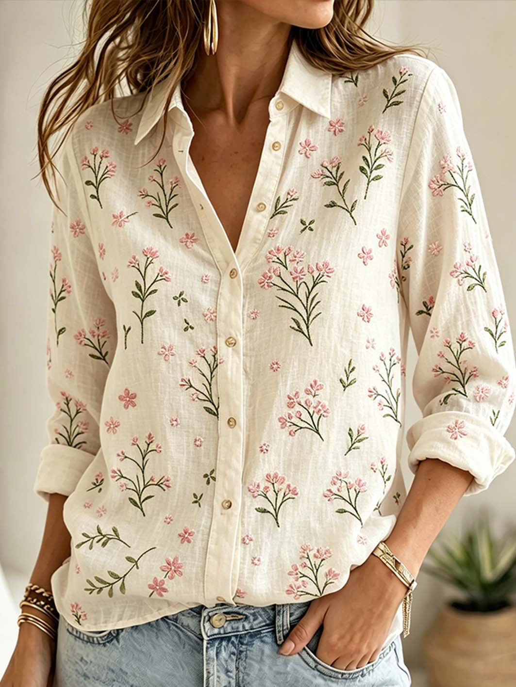 Damenhemd mit floralem Blumenmuster, kontrastfarbenem Design und lässigem Schnitt
