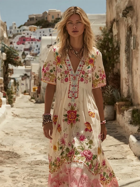 Damen-Vintage-Boho-Maxikleid mit floraler Kunstprint-Optik, V-Ausschnitt und kurzen Ärmeln