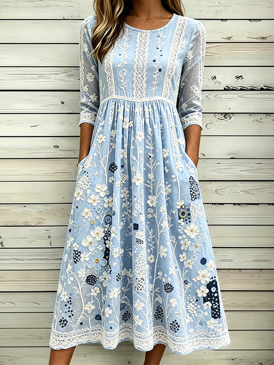 Damenkleid aus Baumwoll-Leinen mit edlem Spitzen- und Blumen-Art-Print