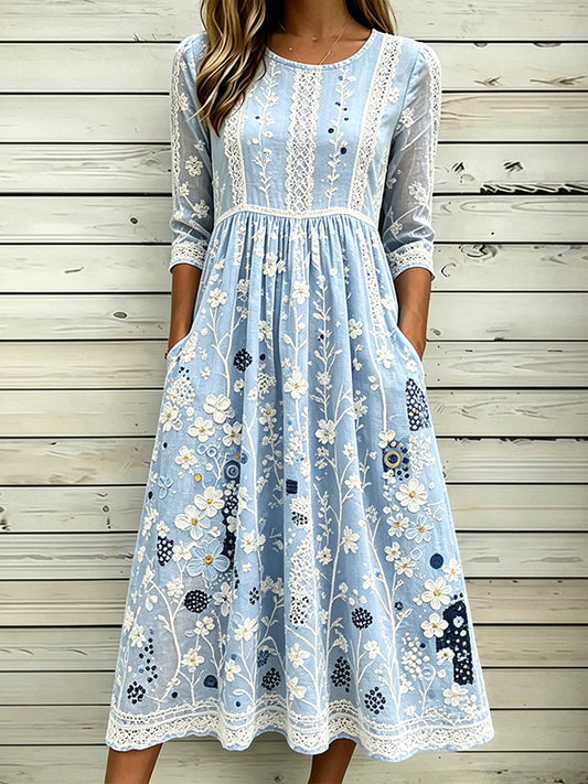 Damenkleid aus Baumwoll-Leinen mit edlem Spitzen- und Blumen-Art-Print