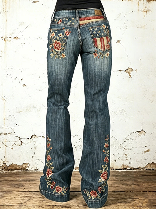 Damen Vintage American Flag Patchwork Blumen druck gewaschene Bootcut Jeans
