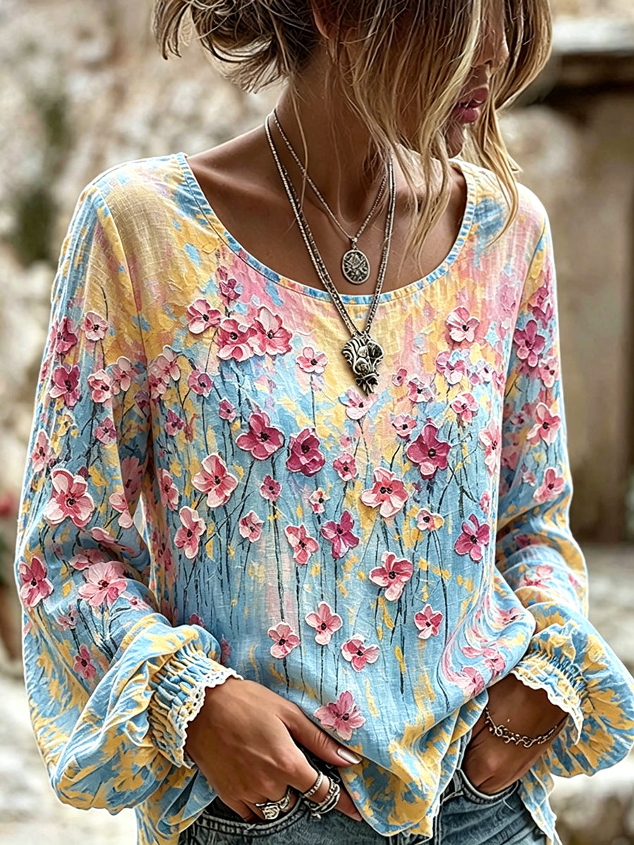 Damenhemd aus Baumwolle-Leinen mit Vintage-Ölgemälde-Print und Blumenmuster
