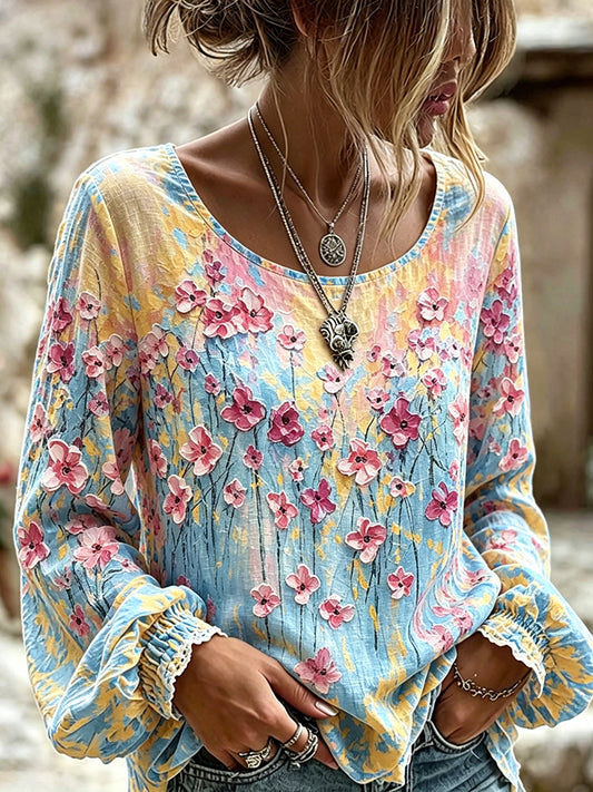 Damenhemd aus Baumwolle-Leinen mit Vintage-Ölgemälde-Print und Blumenmuster