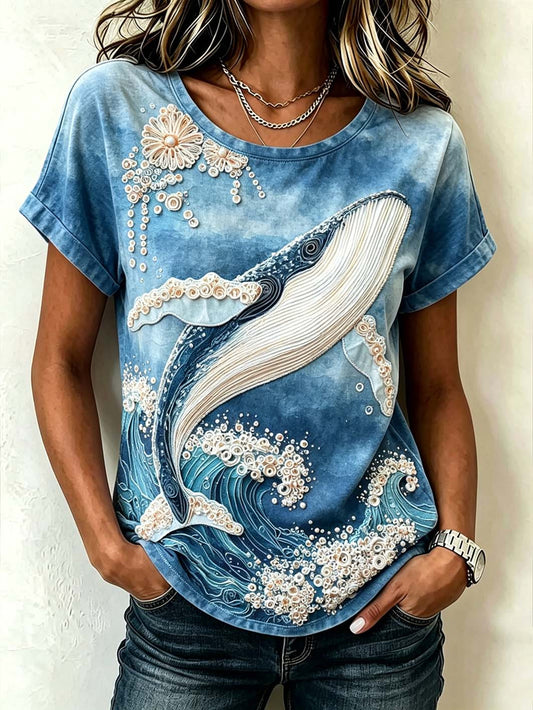 Damen-T-Shirt mit Tier- und Pflanzenblumenmuster, kurzärmelig