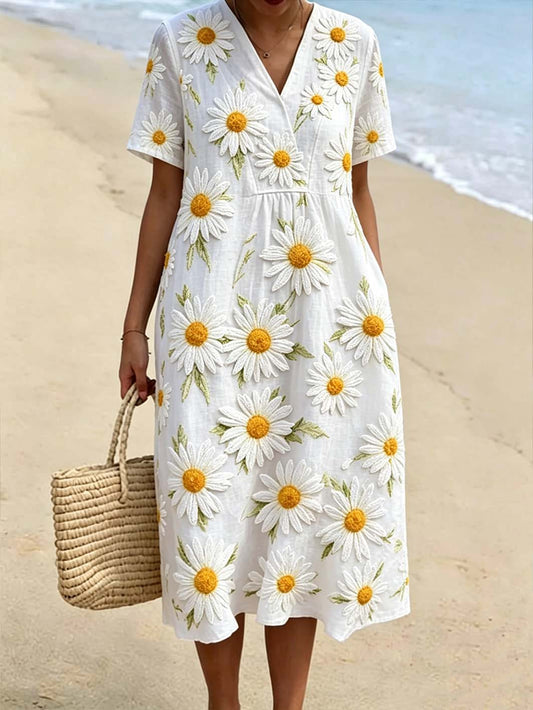 Kurzärmeliges Freizeitkleid für Damen mit kleinem Gänseblümchenmuster und V-Ausschnitt