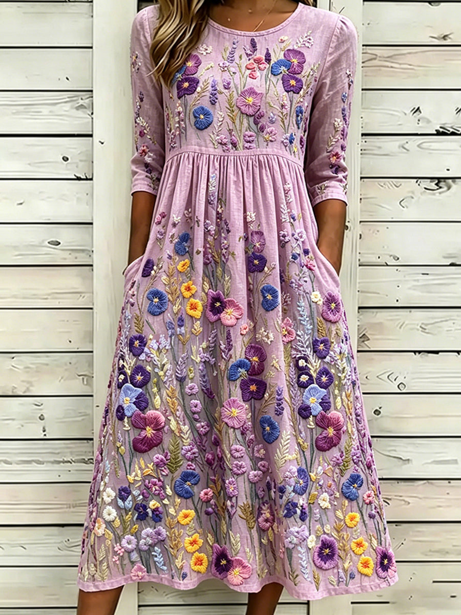 Damenkleid aus Baumwoll-Leinen mit stilvoller Stiefmütterchen-Kunstdruck-Optik