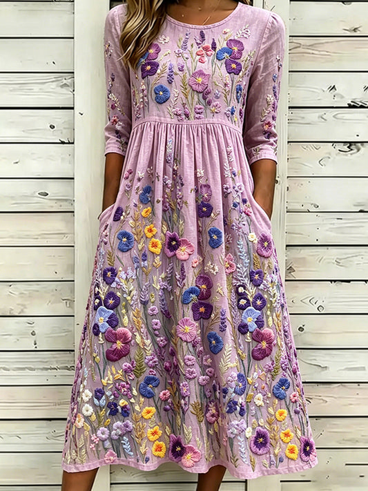 Damenkleid aus Baumwoll-Leinen mit stilvoller Stiefmütterchen-Kunstdruck-Optik