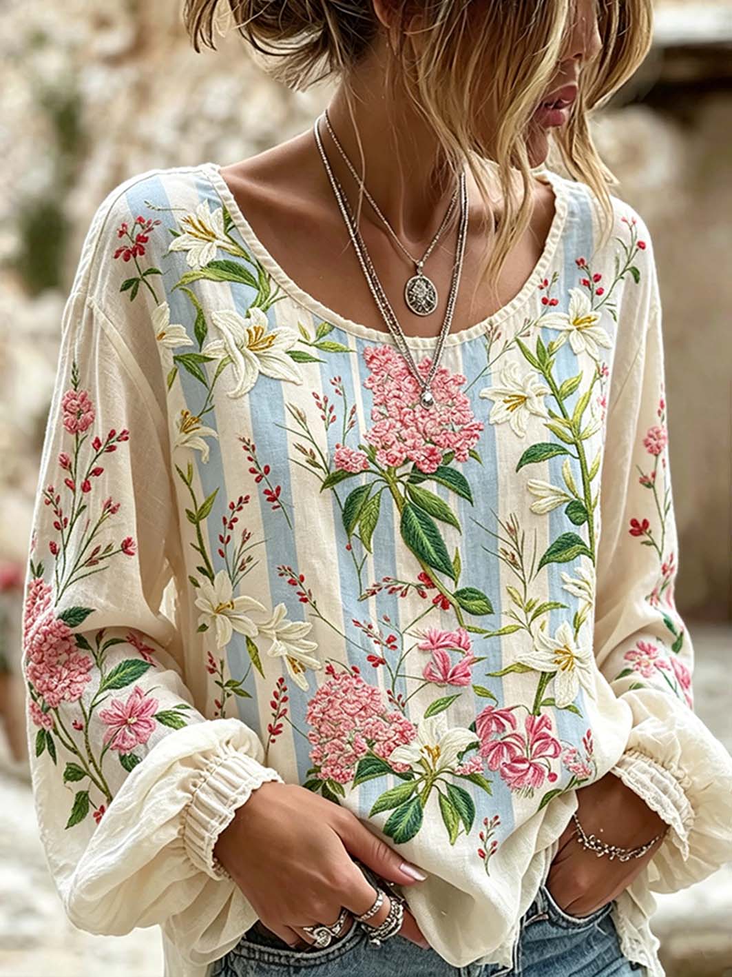 Damen-Hemd aus Baumwolle-Leinen mit Blumenmuster-Print