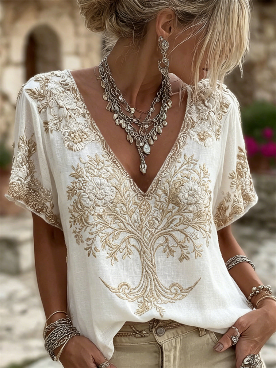 Damen-Edel-T-Shirt aus Leinen mit Blumenkunstdruck und Lebensbaum‑Motiv, kurzärmelig