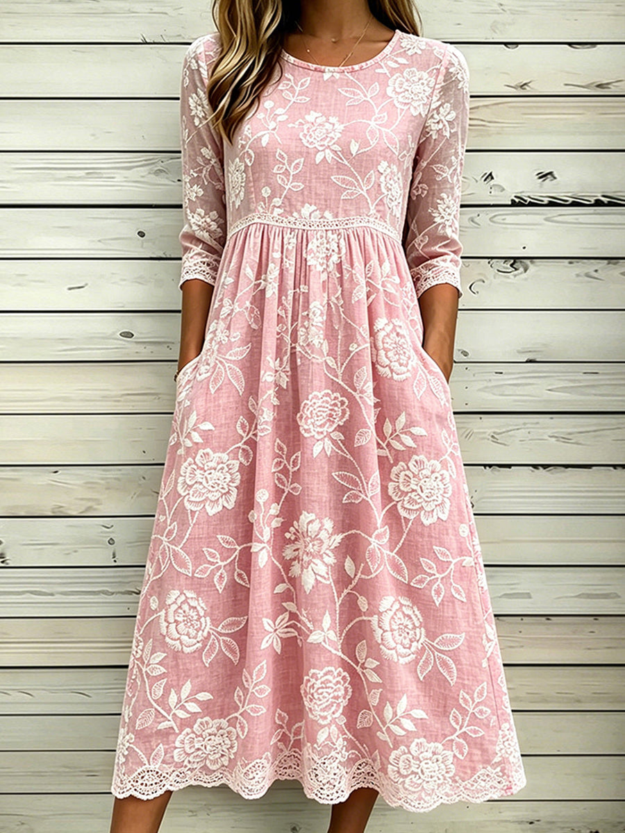Damenkleid aus edlem Baumwoll-Leinen mit floraler Optik