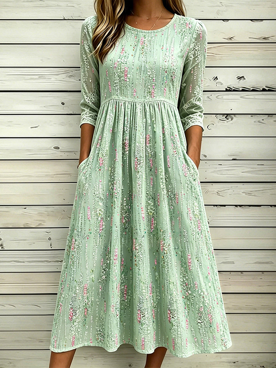 Damenkleid aus Baumwolle und Leinen mit stilvoller abstrakter Blumenkunst-Print-Optik