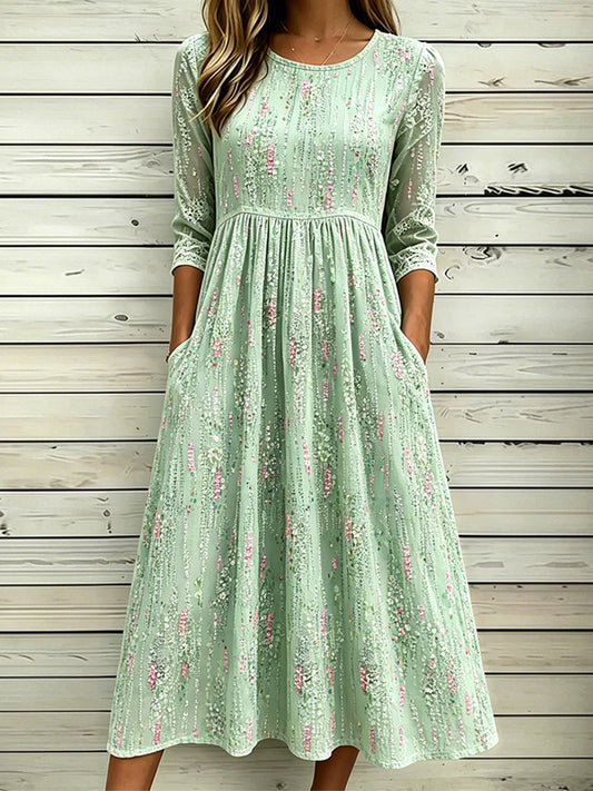 Damenkleid aus Baumwolle und Leinen mit stilvoller abstrakter Blumenkunst-Print-Optik