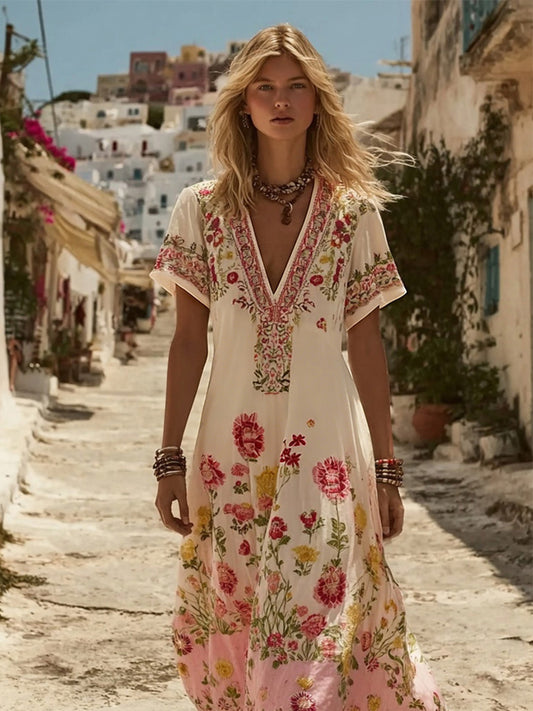 Damenkleid im Vintage-Bohemia-Stil mit floraler Kunstprint und V-Ausschnitt