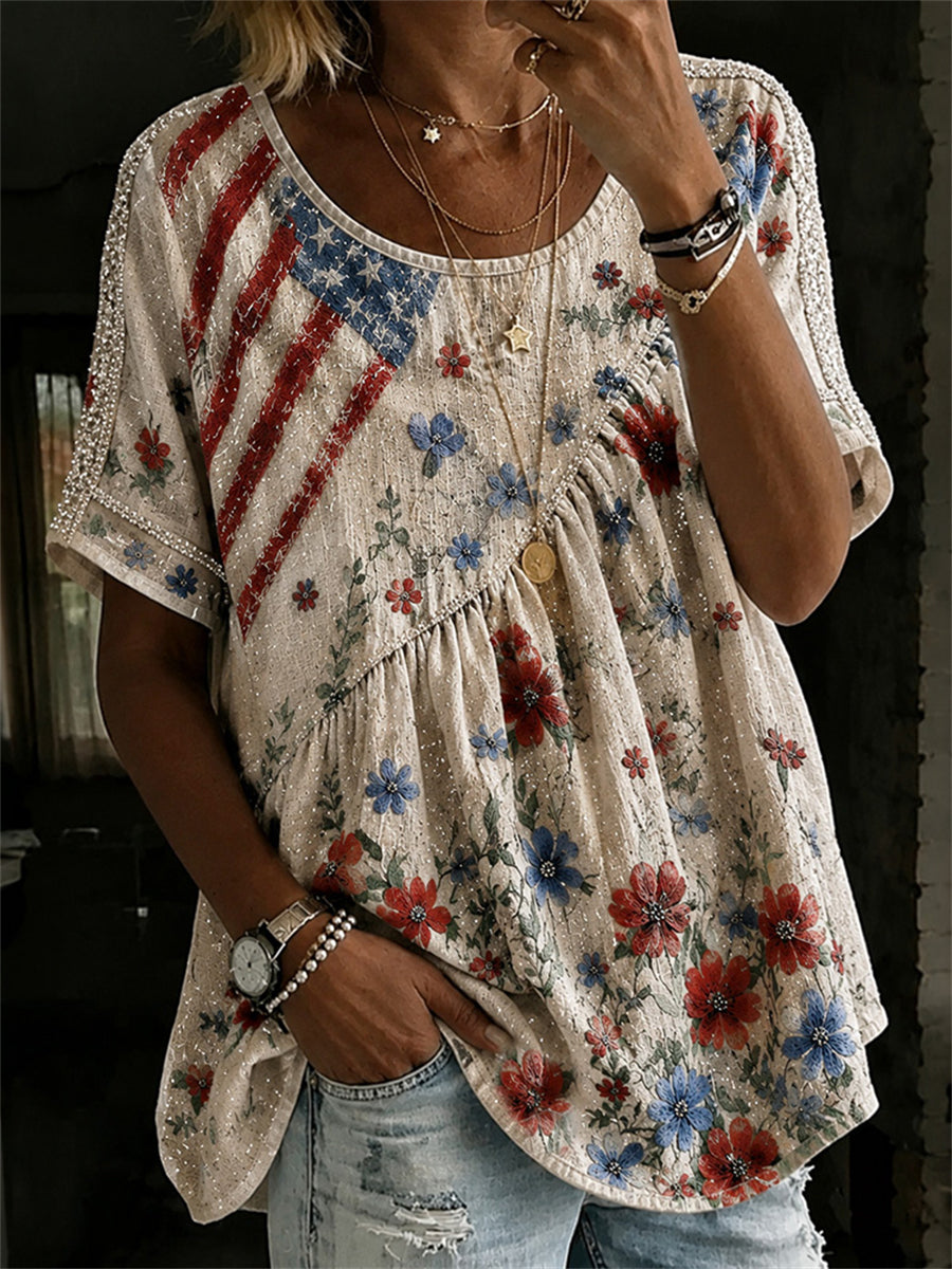 Frauen Vintage amerikanische Flagge Blumen kunst druck plissierte Baumwolle-Leinen hemd