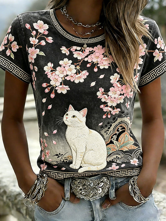 Kurzarm-T-Shirt mit süßem Kirschblüten-und Katzen druck