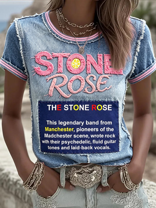 Damen The Stone Rose Band Denim-Effekt Patchwork Print Casual T-Shirt